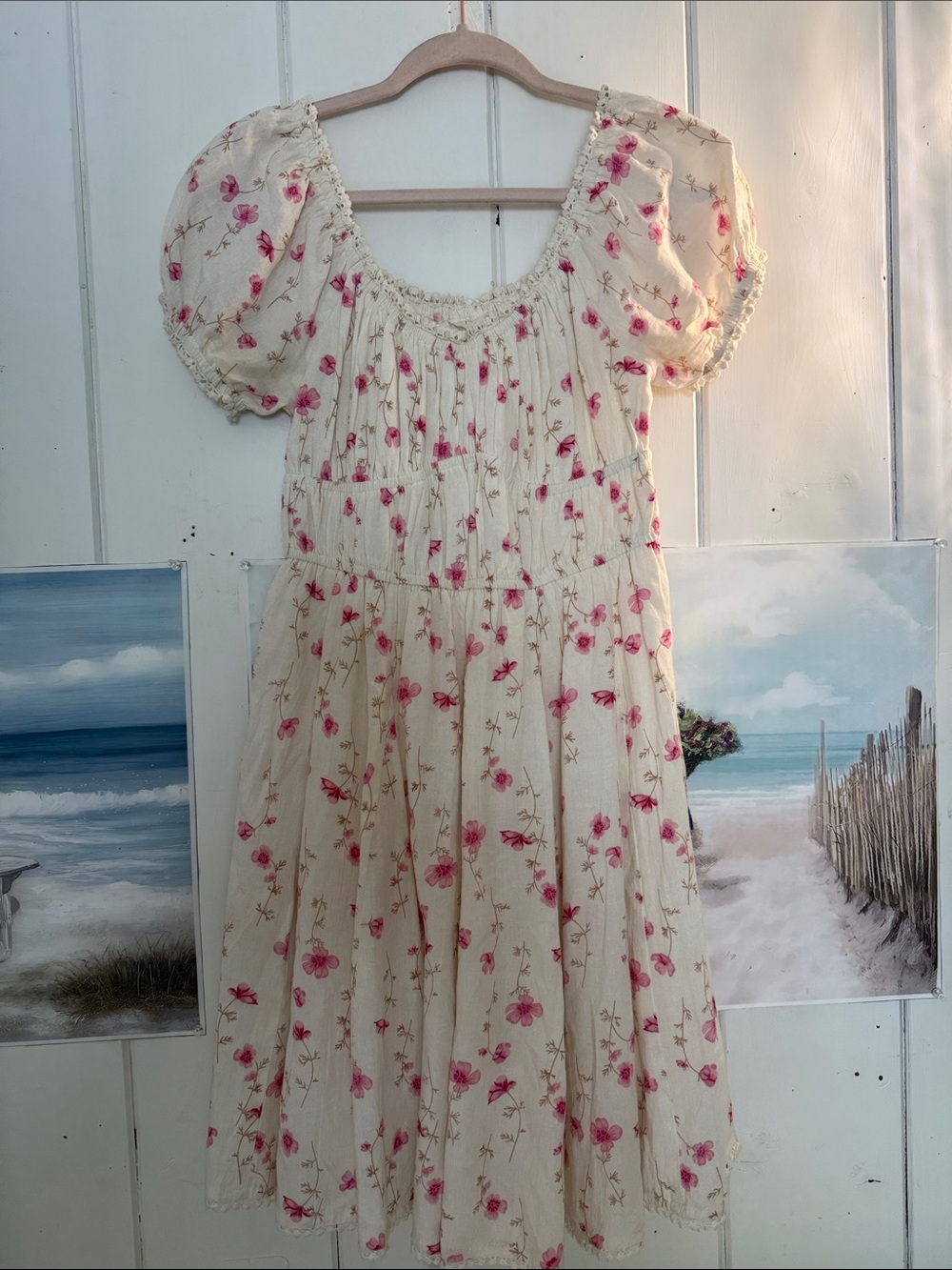 Cream Mini Dress with Pink Floral Print and Puff Sleeves